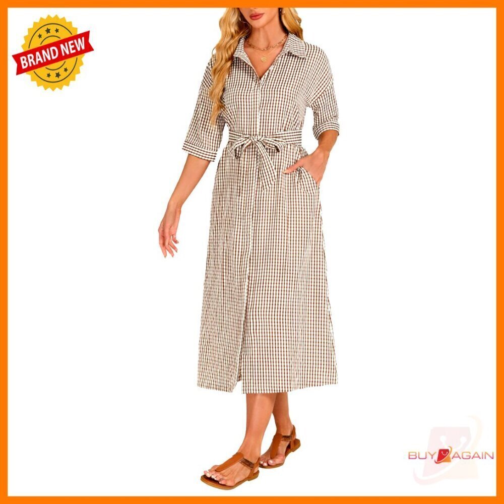 Plaid Maxi Dress Half Sleeve Button Down V-Neck Casual Loose Fit Belted